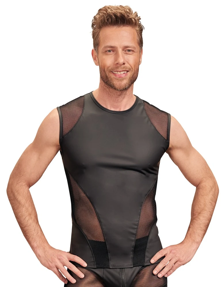 Schwarzes, ärmelloses Shirt von NEK im betonenden Mattlook mit transparenten Netz-Einsätzen vorne seitlich und vorne an der Schulterpartie.