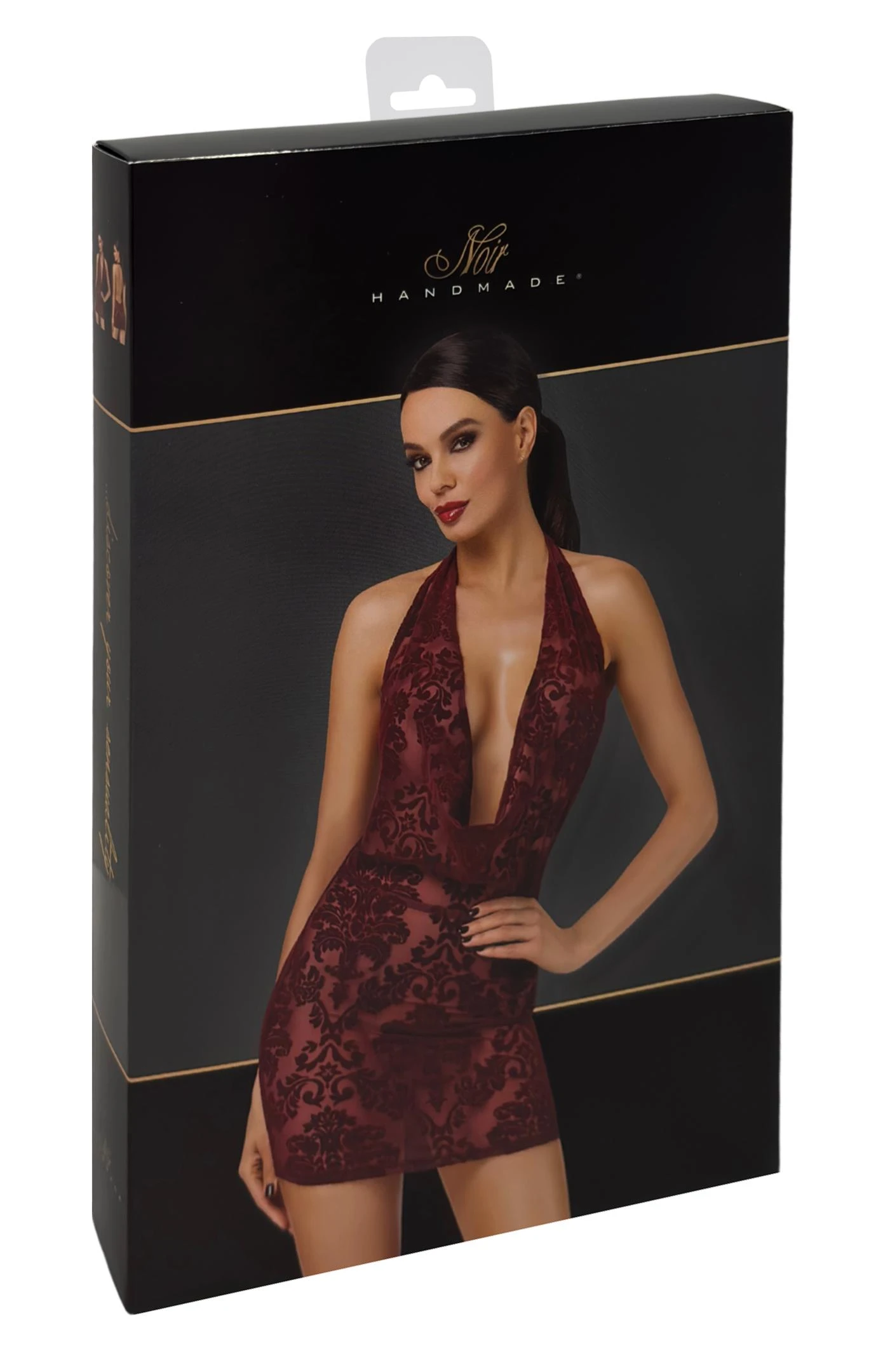 F385 Minikleid Kinky Royal aus weichem elastischem Netz mit floralem Samtdruck, tiefem Wasserfallausschnitt und rückenfreiem Design bis zum Po von Noir Handmade