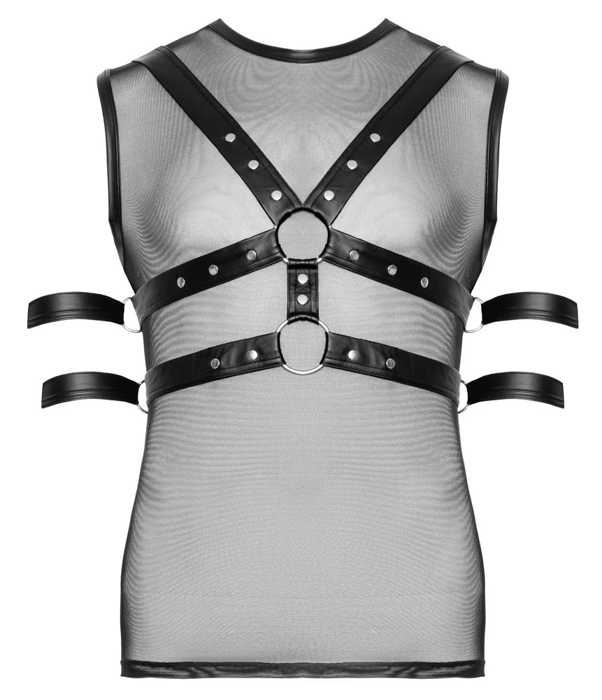 Svenjoyment BONDAGE Set: Ärmeloses Shirt mit transparentem Powernet und verstellbarem Brust-Harness samt sanften Fesseln