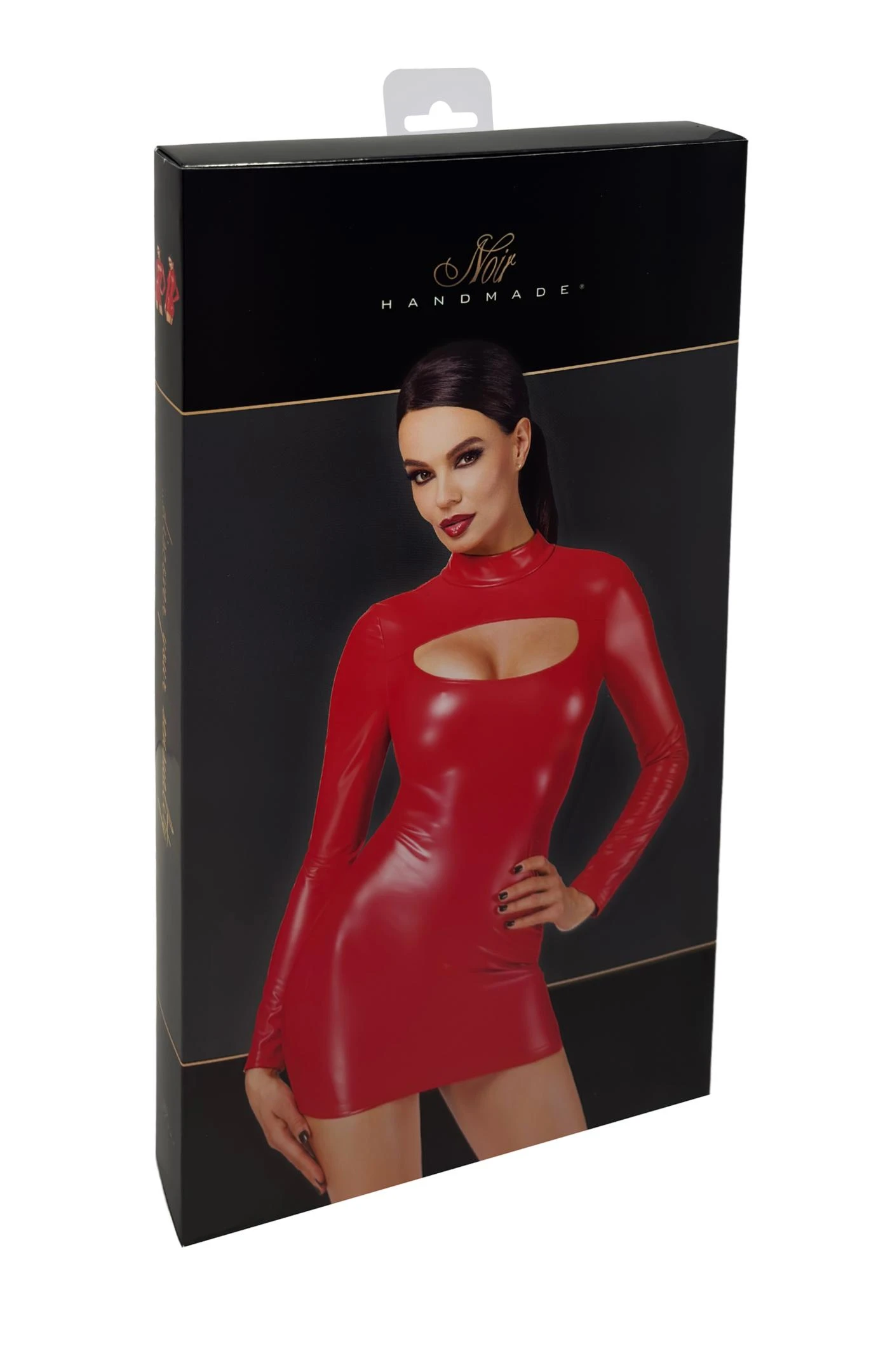 Minikleid Kinky Bombshell Bodycon aus rotem Powerwetlook mit Schlüsselloch-Ausschnitt, langem Ärmel, Stehkragen und verdecktem Reißverschluss – figurbetontes Statement-Piece von Noir Handmade F367