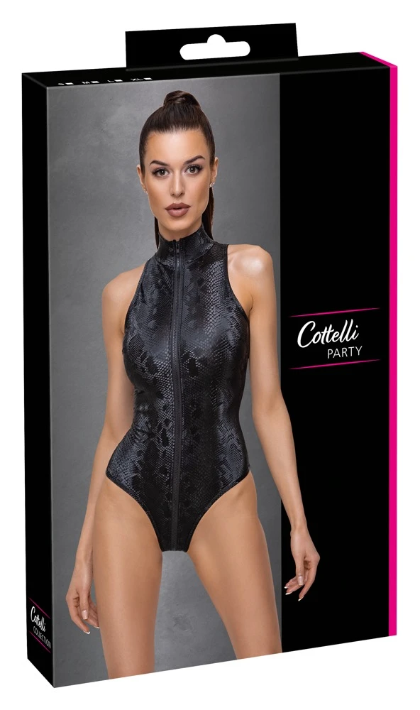 Cottelli PARTY Ärmelloser Body in Schlangenhaut-Optik Stehkragen 2-Wege-Reißverschluss