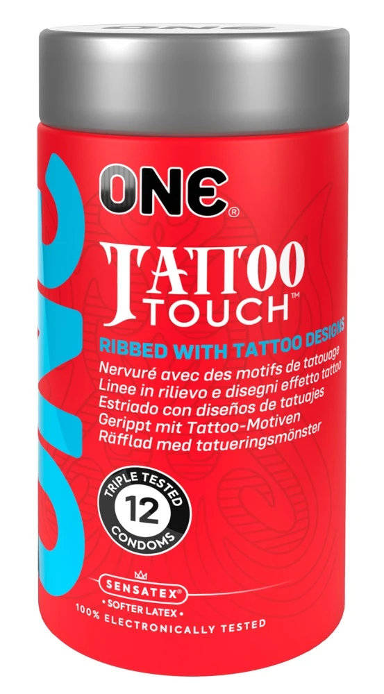 ONE Tattoo Touch 12er, ONE Tattoo Touch Kondome – farbige, vegane Kondome im coolen Tattoo-Design mit stimulierender Struktur, konturierter Passform und ultraweichem Sensatex-Latex für intensives Gefühl