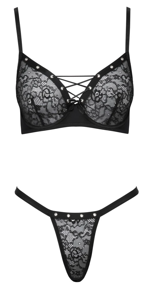 Cottelli LINGERIE mit Bügel-BH und Riostring im Set, Feine Spitze und dekorative Ösen