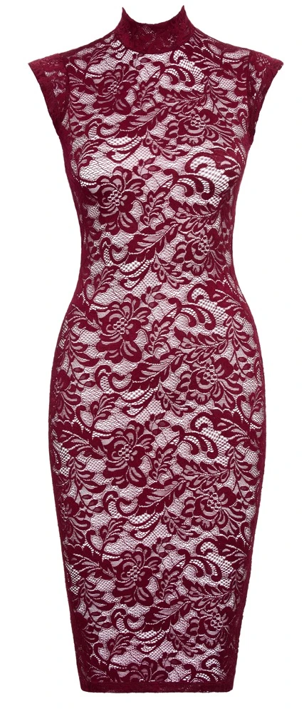 Kleid aus bordeauxroter Ornament-Spitze von Cottelli LINGERIE mit knieumspielender Länge, ärmellosem Schnitt und elegantem Stehkragen
