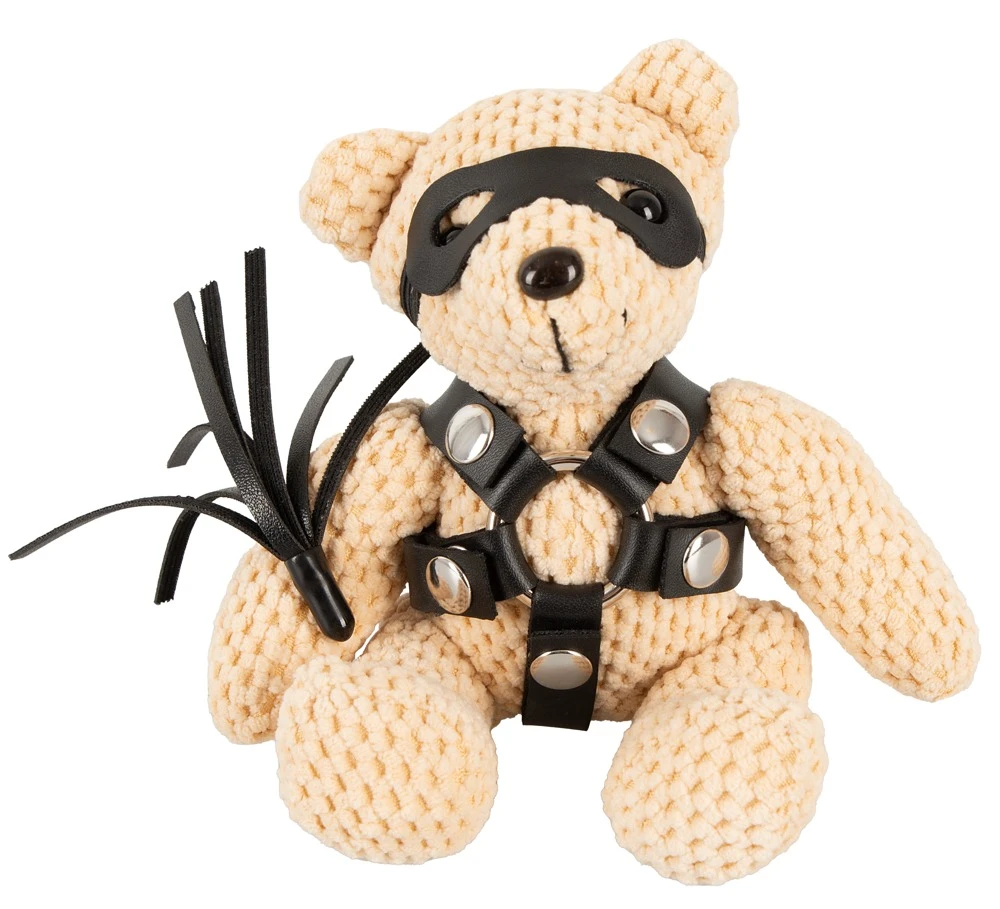 Bad Kitty SM-Teddy gehäkelt Mini-Begleiter mit Lederimitat-Harness, Augenmaske, Peitsche und Schlüsselanhänger für freche Momente