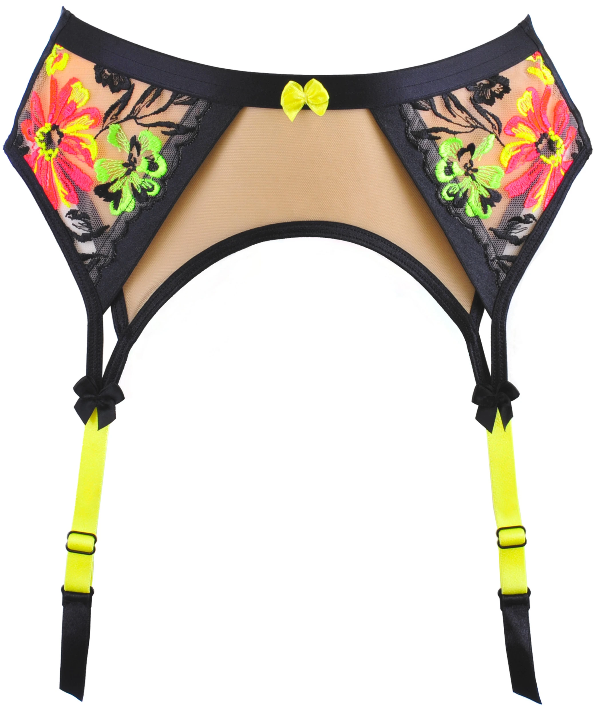 AXAMI Strumpfhalter V-11832 in Neonstickerei Schwarz-Gelb mit zartem beigem Tüll, auffälligen Kontrastbändern und modern-sexy Look für selbstbewusste Frauen