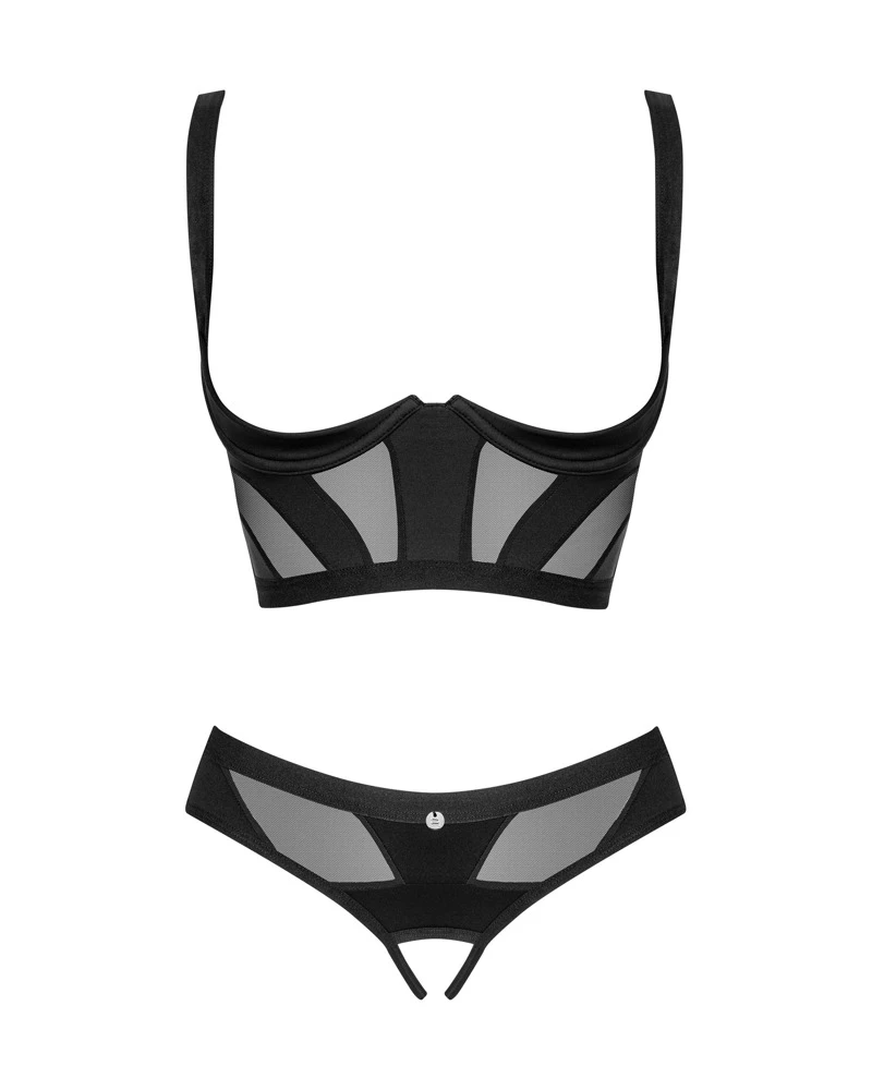 Obsessive Schwarzes Set Chic Amoria mit Longline-Hebe und Slip ouvert. Eleganter Ouvert-Style im stilvollen Mix mit blickdichten Partien und zarten Transparenzen.