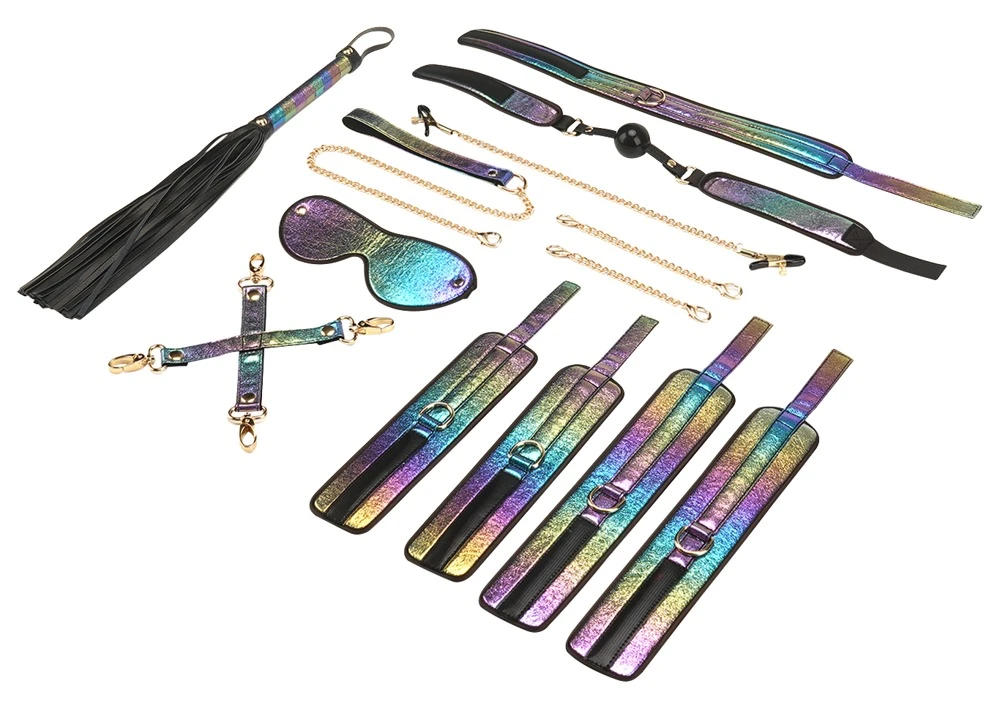 LS Vivid Rainbow, Vivid Niji 8-teiliges Fesselspiele-Set: Bondage in schillerndem Glossy Rainbow mit Fesseln, Peitsche und mehr!
