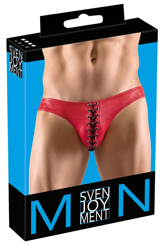 Super-Sitz-Slip von Svenjoyment im knallroten Glanz mit offener dekorativer Schnürung in Schwarz vorne.