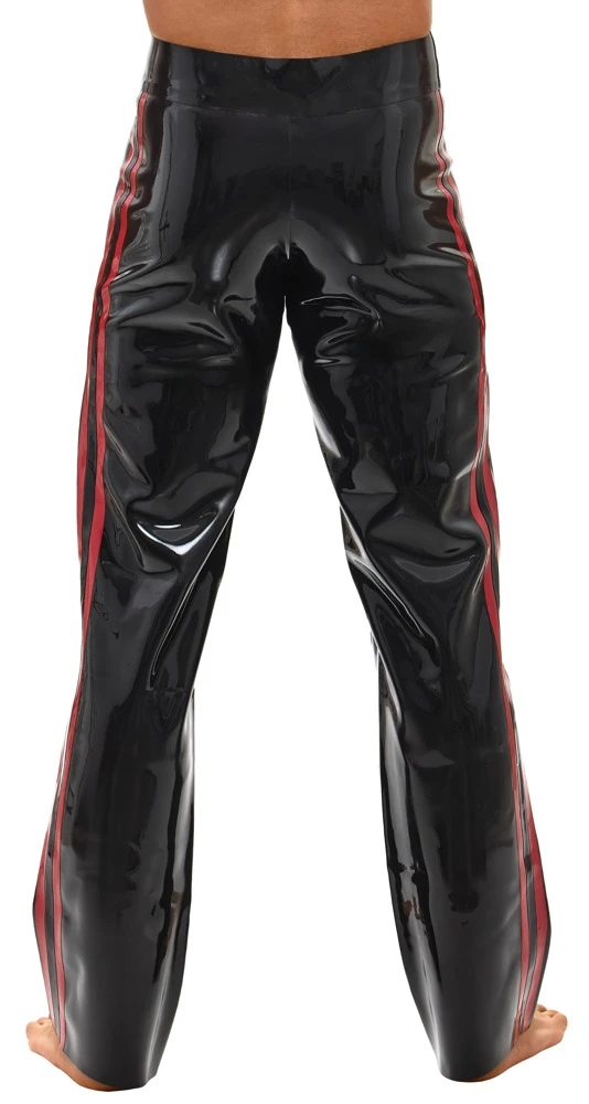 Latex-Hose Bootcut Schwarz-Rot im Kinky Racing-Look mit Seitenstreifen aus Premium-Latex für einen kraftvollen glänzenden Auftritt – LateX