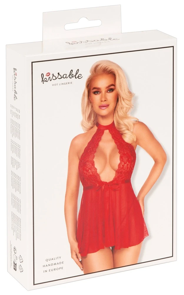 kissable Rückenfreies Babydoll Lingerie, Reizwäsche, Rot, Babydoll & String aus Spitze und Powernet