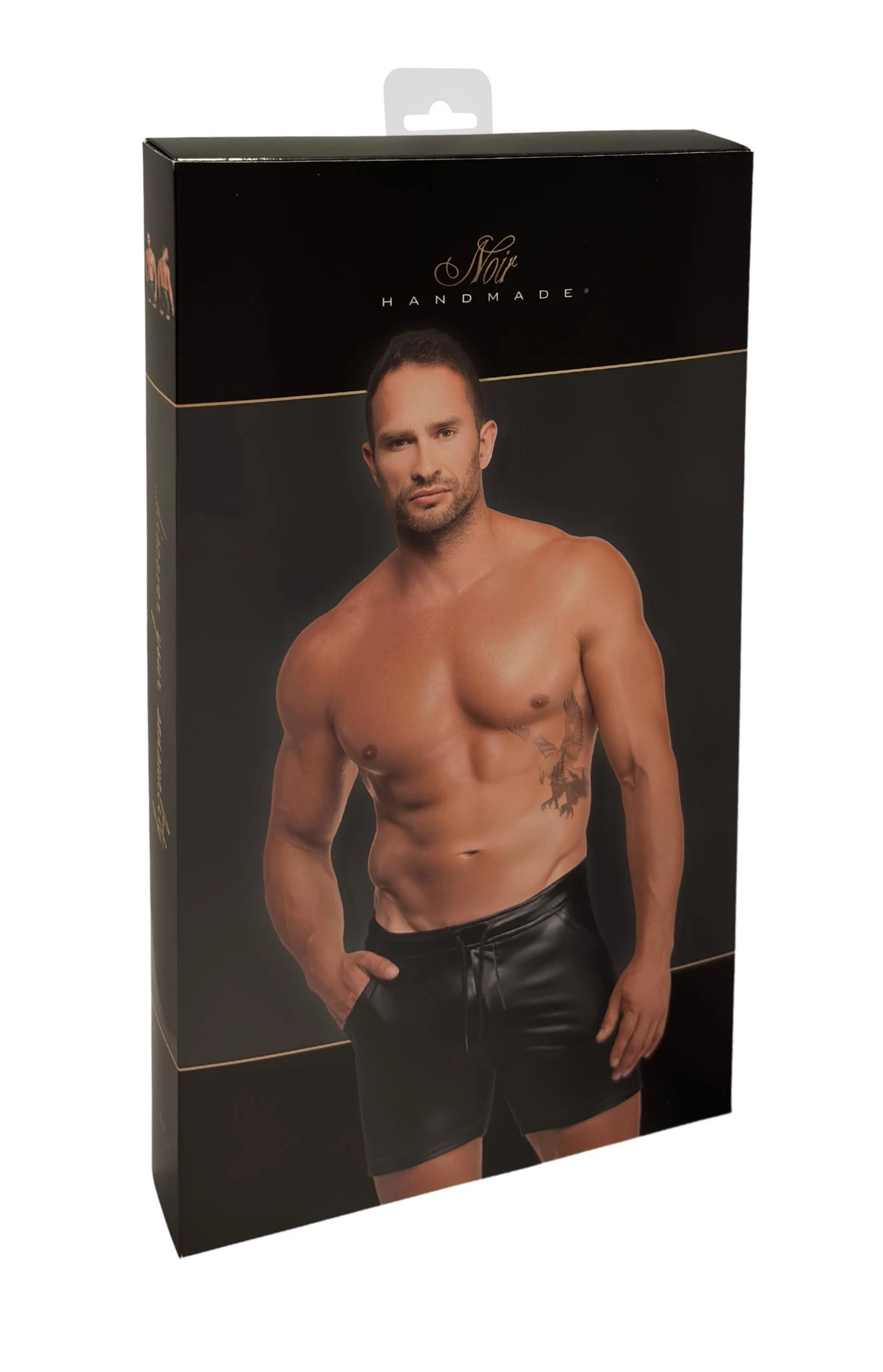 Noir Handmade Men – Schwarze Powerwetlook Shorts Rogue H088 mit glatter Oberfläche, flexiblem Sitz, Reißverschluss vorn und verstellbarem Bund für einen markant sexy Look