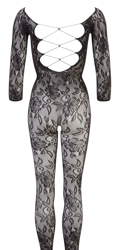 Wunderschöner Catsuit in schwarzer Blütenspitze-Optik mit 3/4-Arm, langem Bein und Fuß. Hinten mit eingewebter Schnürung.