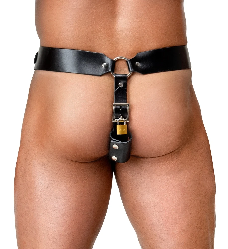 Leder Herren Jockstrap, ZADO Keuschheits-String aus Leder mit Schlössern, Nieten-Design, Plug-Halterung und silberfarbenen Beschlägen