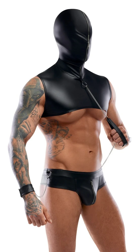 Kurzes Kapuzen-Top, Riostring, Leine und 2 Handfesseln im Set von Svenjoyment BONDAGE.