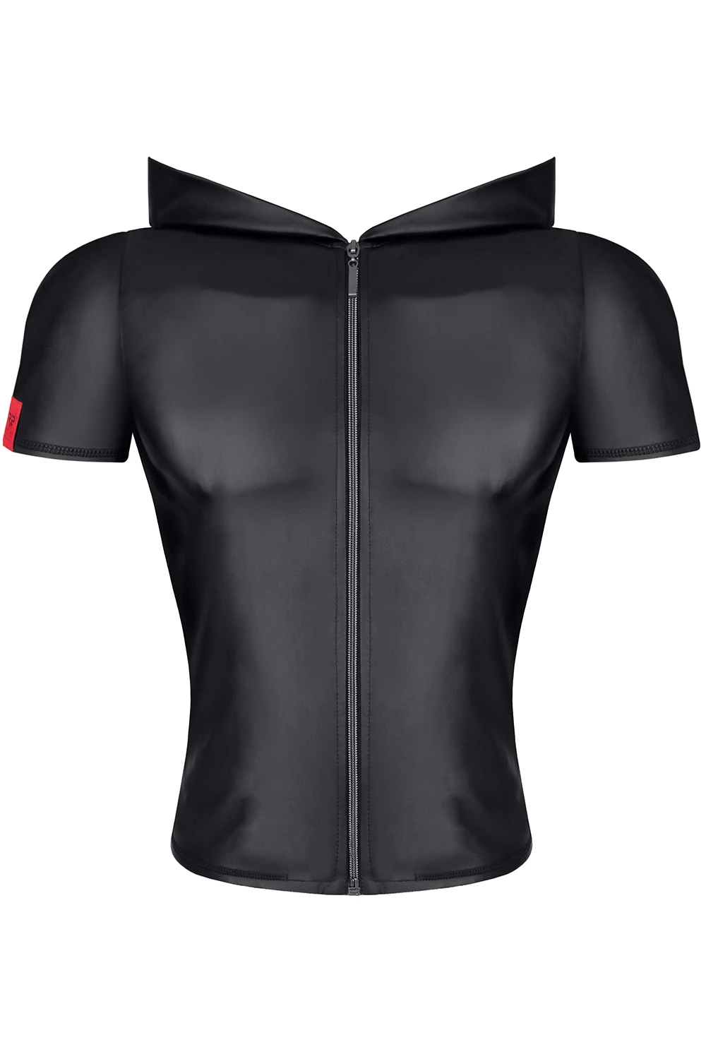 Herren Kapuzen T-Shirt RMEttore001 in mattem Kunstleder von Regnes Fetish Planet – körpernahe Slim-Fit Form mit markantem Front-Reißverschluss und RFP-Zipperdetails für einen provokanten, maskulinen Look