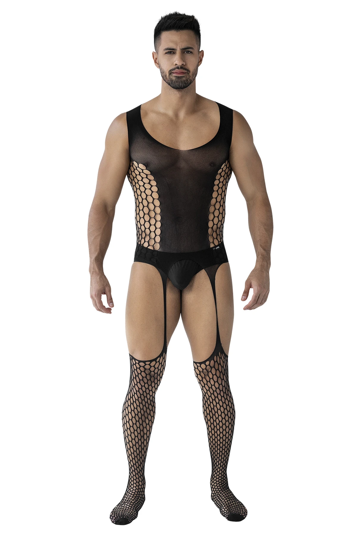 Provokanter Herren Bodystocking ouvert RAV118 aus weichem, dehnbarem Netzmaterial mit offenem Schritt von CUT4MEN für markante, selbstbewusste Underwear-Looks