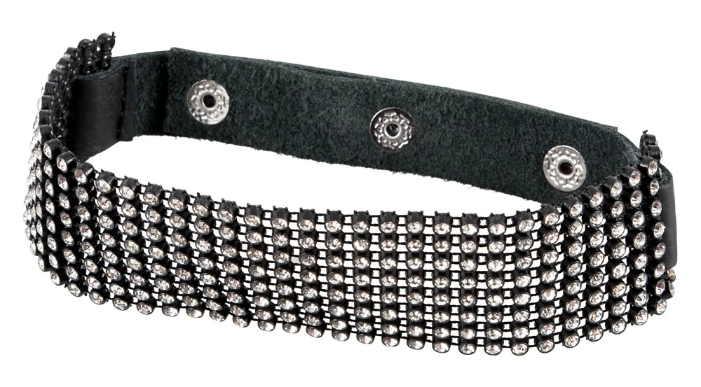 Halsband mit breitem Strass-Element in der Front und schmalem, mit Druckknöpfen verstellbarem Riemen.
