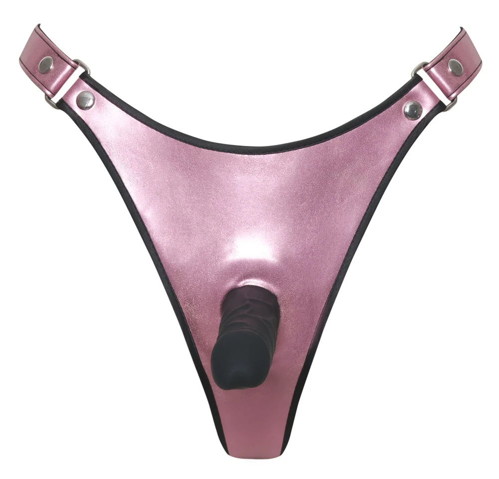 Bad Kitty String+Dildo, Schillernder Strap-on-String in Rosé-Metallic mit integriertem Silikon-Dildo und verstellbaren Schnallen für heiße Action zu zweit