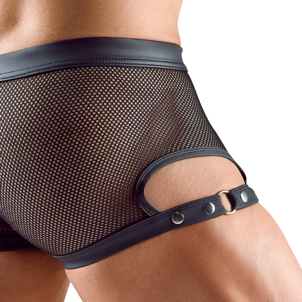 Schwarze Netz-Pants von NEK mit verstellbaren Schenkelriemen, Druckknopfleiste und elastischem Bund für optimalen Tragekomfort