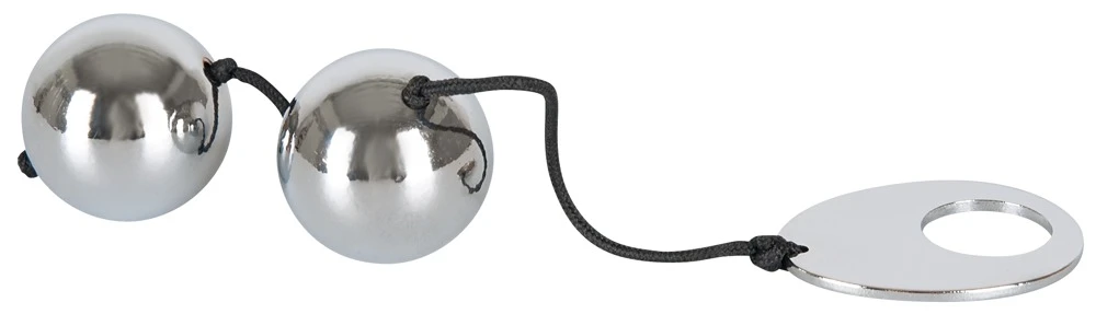 Bad Kitty 2 schwere, glatt polierte silberfarbene Vollmetall-Kugeln an schwarzem Band mit Rückholring.