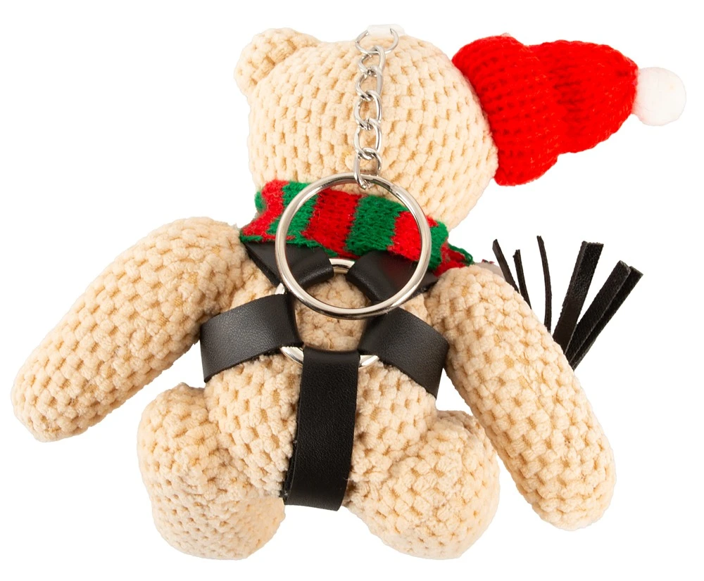 Bad Kitty SM-Teddy gehäkelt Mini-Begleiter mit Lederimitat-Harness, Mütze, Schal, Winter Edition, Peitsche und Schlüsselanhänger für freche Momente