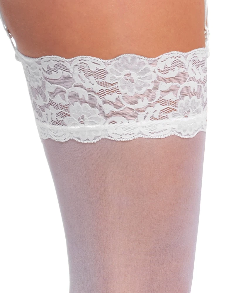 Weiße, seidige Straps-Strümpfe mit breitem Spitzen-Abschluss – 20 den pure Sinnlichkeit für stilvolle Auftritte mit Klasse Weiße, seidige Straps-Strümpfe mit breitem Spitzen-Abschluss – 20 den pure Sinnlichkeit für stilvolle Auftritte mit Klasse