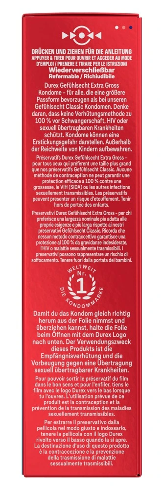 Durex Gefühlsecht Extra Groß 10er, Spüre jede Berührung hautnah, extragroße, transparente Kondome mit Silikongleitgel für puren Komfort und intensives Empfinden