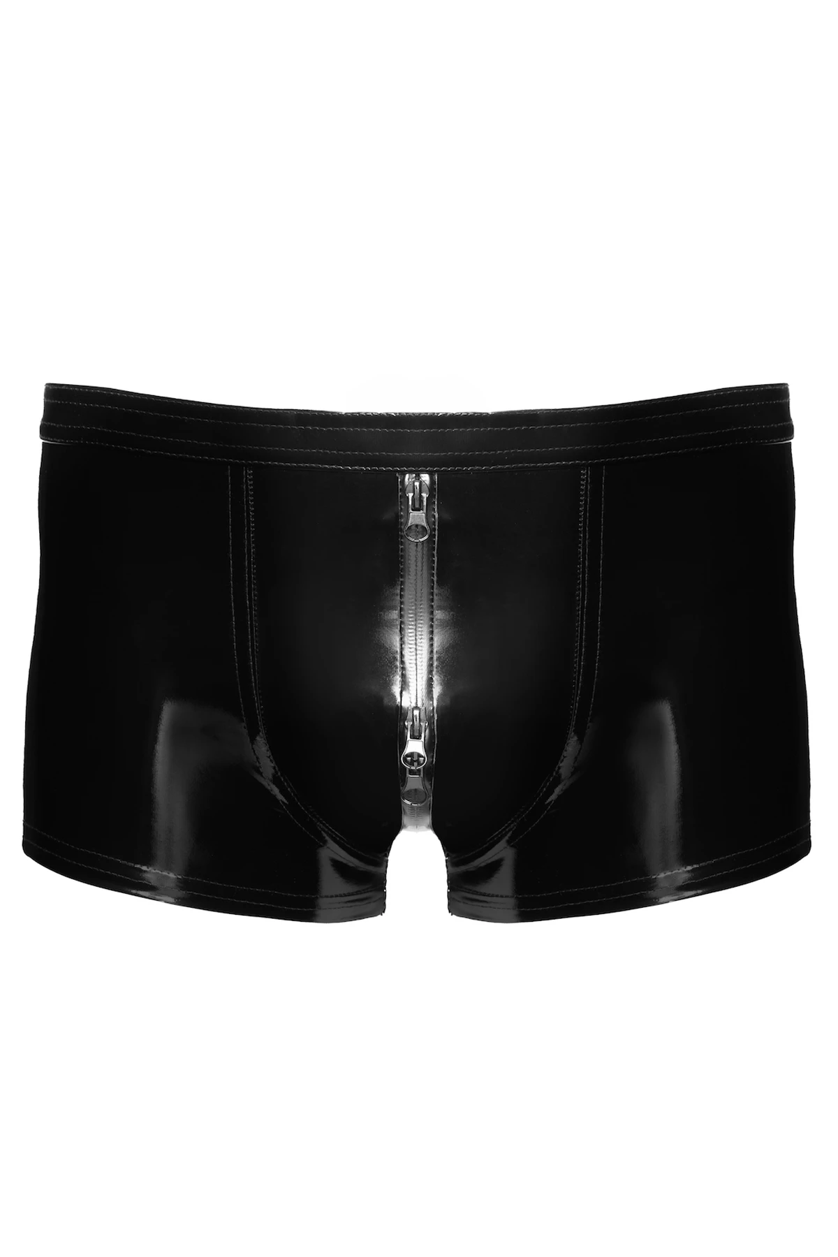Schwarze Kinky Lack Shorts Voltage H095 ultrakurze Herren Shorts aus glänzendem PVC mit elastischem Bund und praktischem Drei-Wege-Reißverschluss für figurbetonten Look und starken Auftritt im Wetlook-Stil von Noir Handmade Men