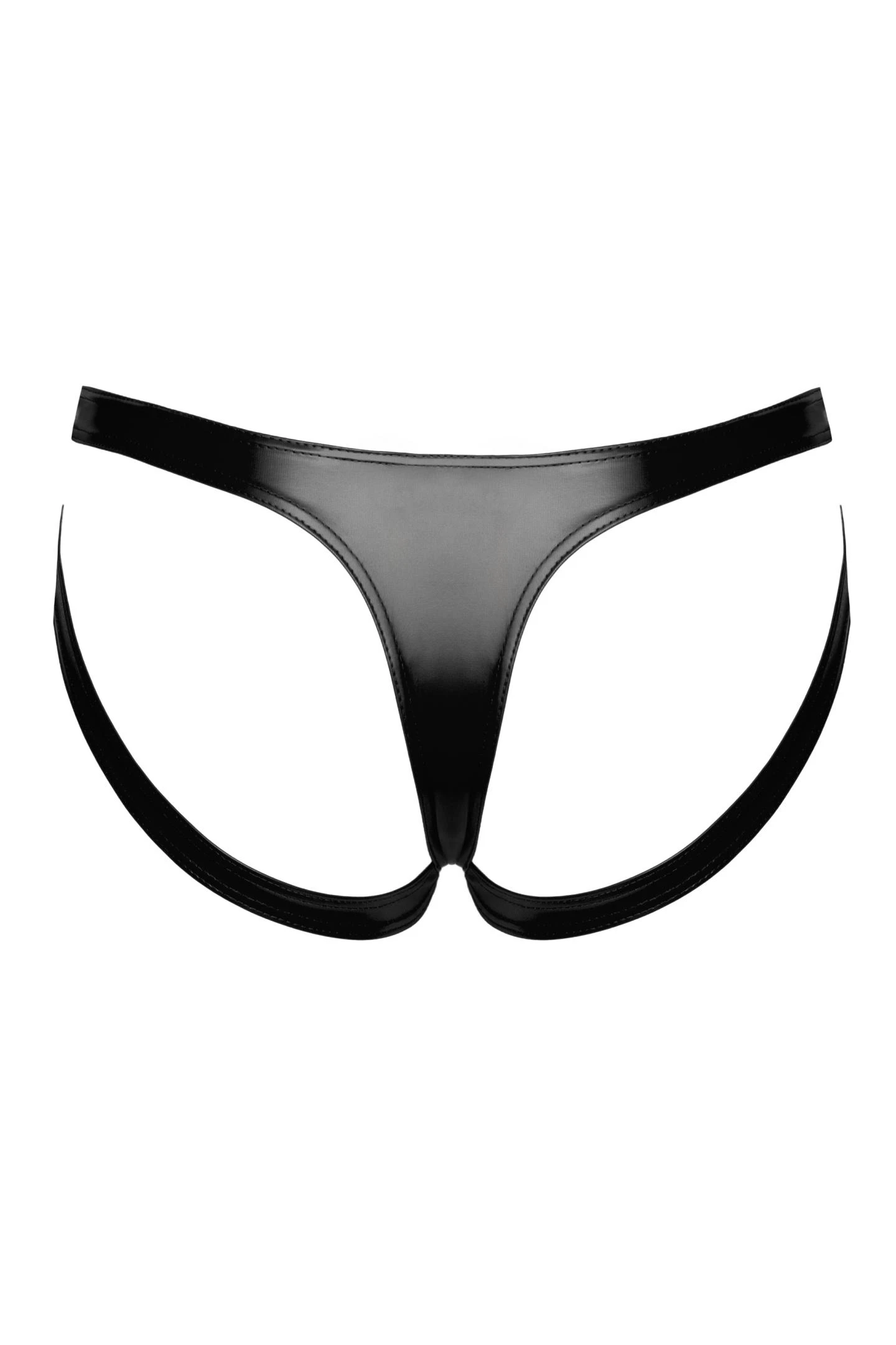 Strappy Panties aus Powerwetlook mit Jockstrap-Optik, Kinky erotisch inszenierte schwarze Dessous mit elastischen Trägern und modernem Low-Waist-Schnitt F393 Noir Handmade
