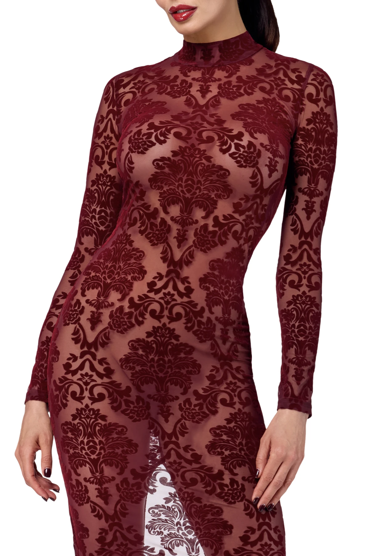 F383 Langes Flockkleid Kinky Royal aus weichem elastischem Tüll mit luxuriöser Flockstickerei, tiefem Rückenausschnitt, hohem Kragen mit Hakenverschluss und verführerischem Gehschlitz – von Noir Handmade