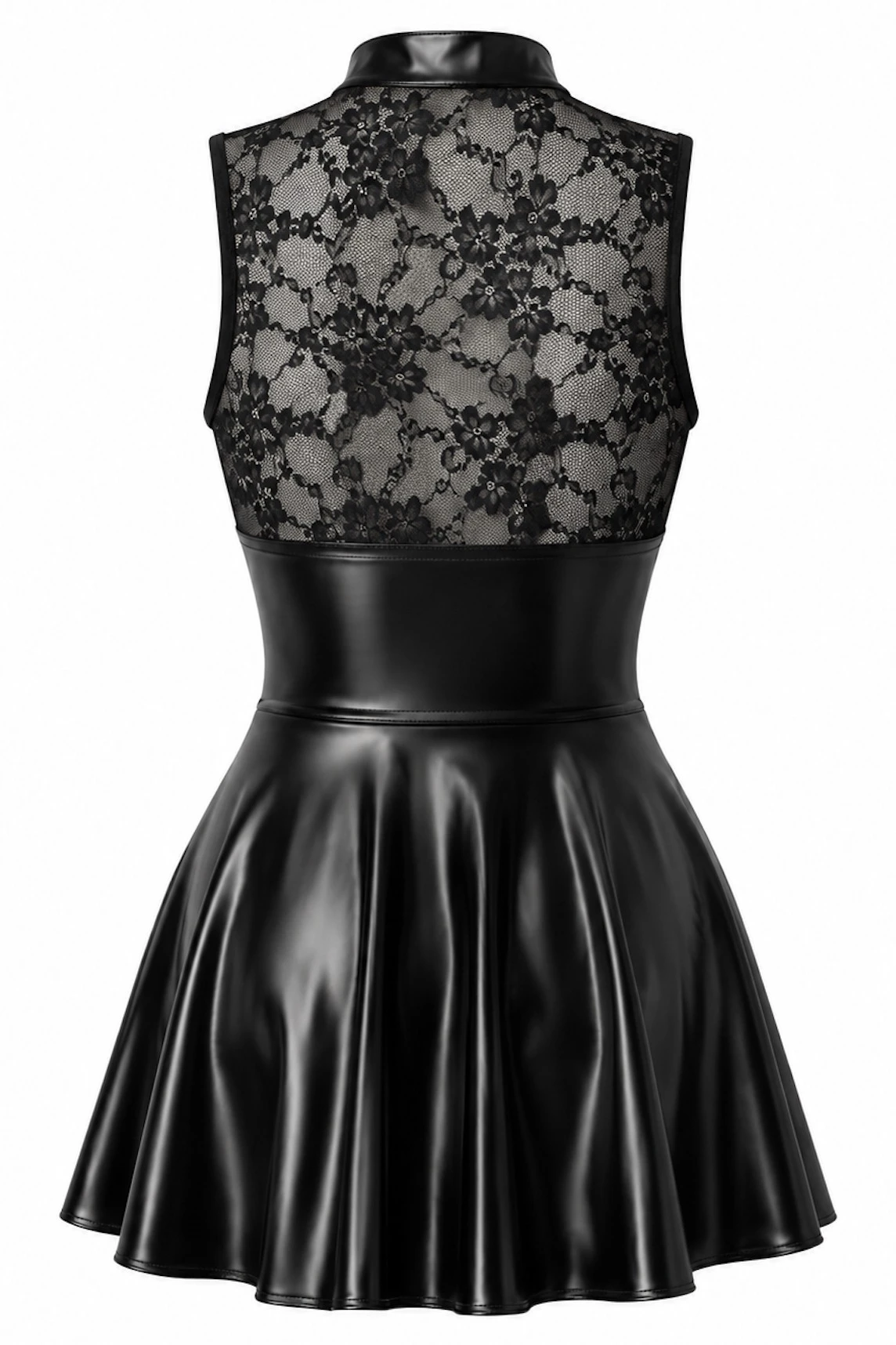 Minikleid aus Spitze und Powerwetlook - Noir Handmade F404 One More Kiss - sexy Schwarz mit Stehkragen und Zwei-Wege-Reißverschluss