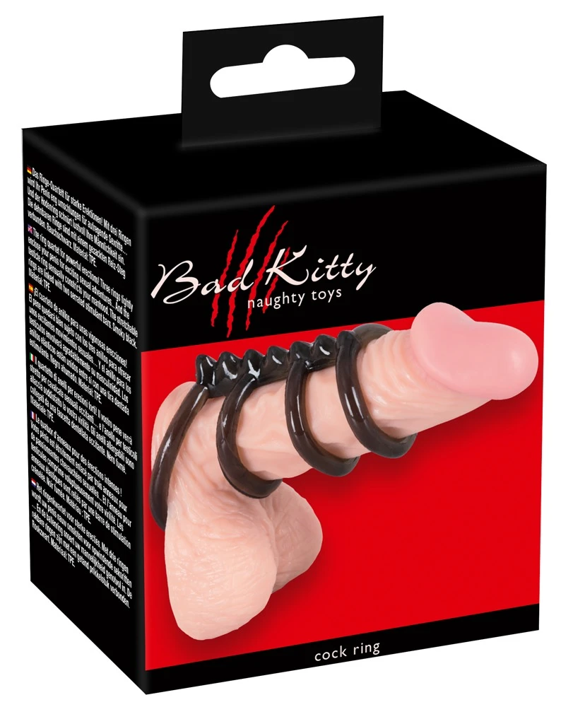 Der Cock Ring von Bad Kitty verbindet einen Hodenring und 3 Penisringe mit einem geriffelten Verbindungssteg.