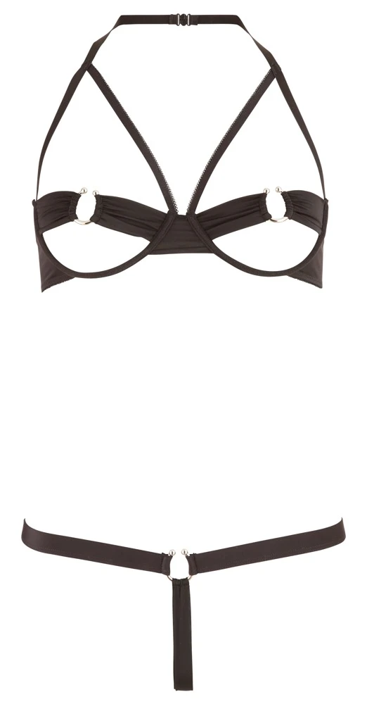 Cottelli LINGERIE Dessous Set Neckholder BH offen und String Bondage mit Metallringe
