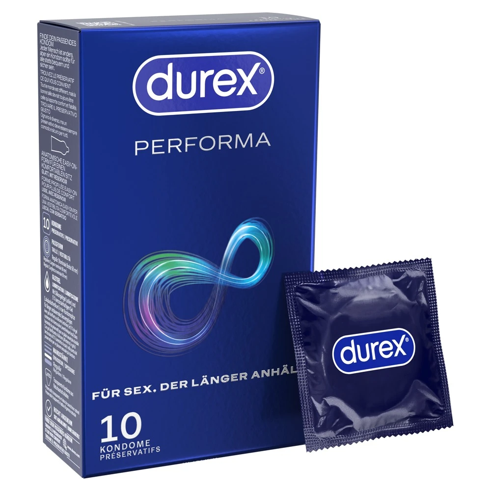 Durex Performa 10er, Länger lieben, intensiver genießen: Transparente Kondome mit Verzögerungsgel, Silikongleitgel und Easy-on-Passform für ausgedehnten Spaß