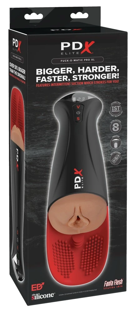 PDXE Fuck-O-Matic Pro XL Brown, Intensive Penis- und Hodenmassage mit 5-fach Saug- und Vibrationspower, der Fuck-O-Matic Pro XL bringt Dich an Deine Grenzen!