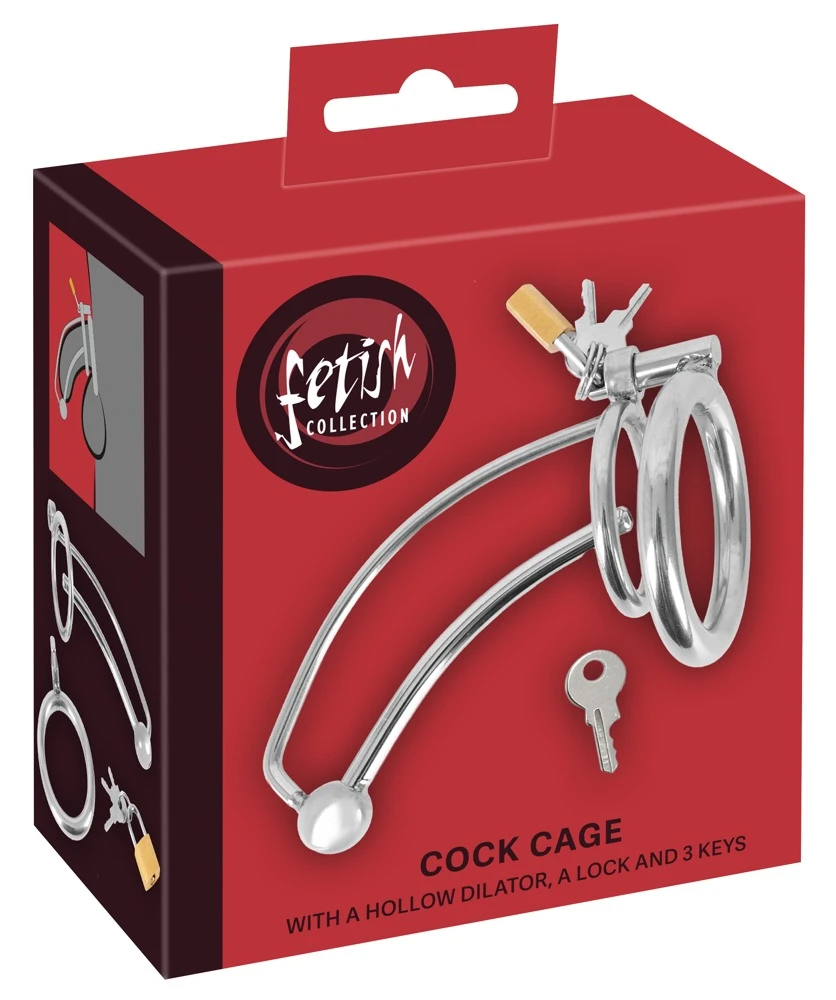 fetish collection Cock Cage Di, Peniskäfig mit hohlem Dilator von fetish collection – Edelstahl-Keuschheitskäfig mit Hodenring, Schloss und 3 Schlüsseln für Kenner