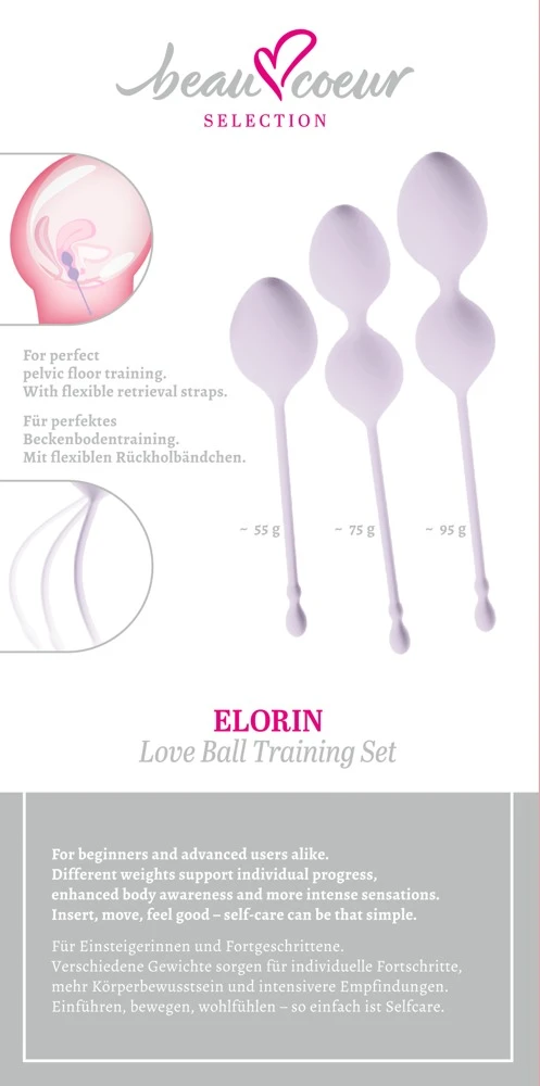 ELORIN Loveball Trainingsset von beau cœur mit drei Liebeskugeln in unterschiedlichen Größen und Gewichten für individuelles, diskretes Beckenboden-Training mit elastischen Rückholbändern für Einsteigerinnen und Geübte