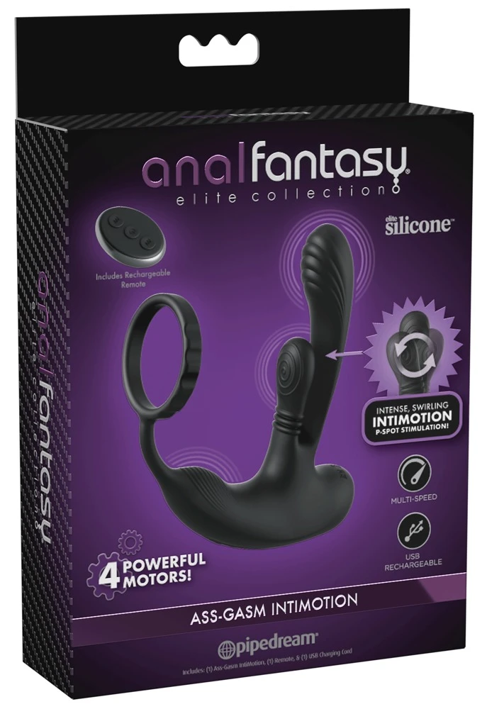 AFE Ass-Gasm IntiMotion Black, Anal Fantasy Elite Ass-Gasm IntiMotion Analvibrator mit Prostata-Stimulator, Penisring, 4 Motoren & 10 Vibrationsmodi für Ihn