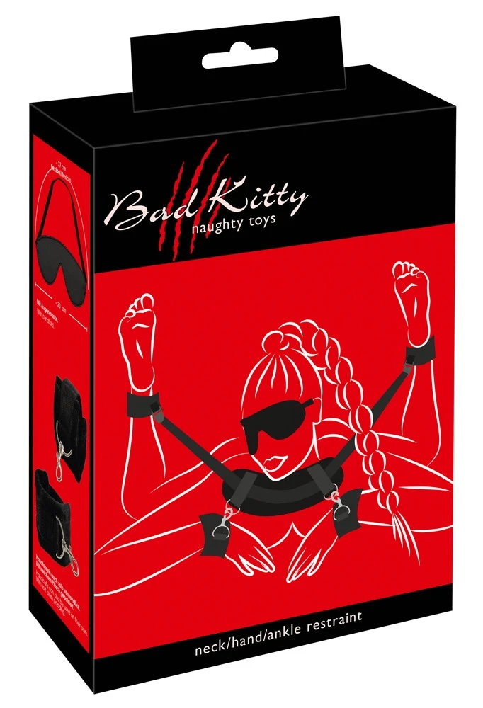 Kombinierte Fessel von Bad Kitty, die Hals/Nacken, Hände und Füße involviert. Fessel-Manschetten innen mit weichem Plüsch gefüttert.