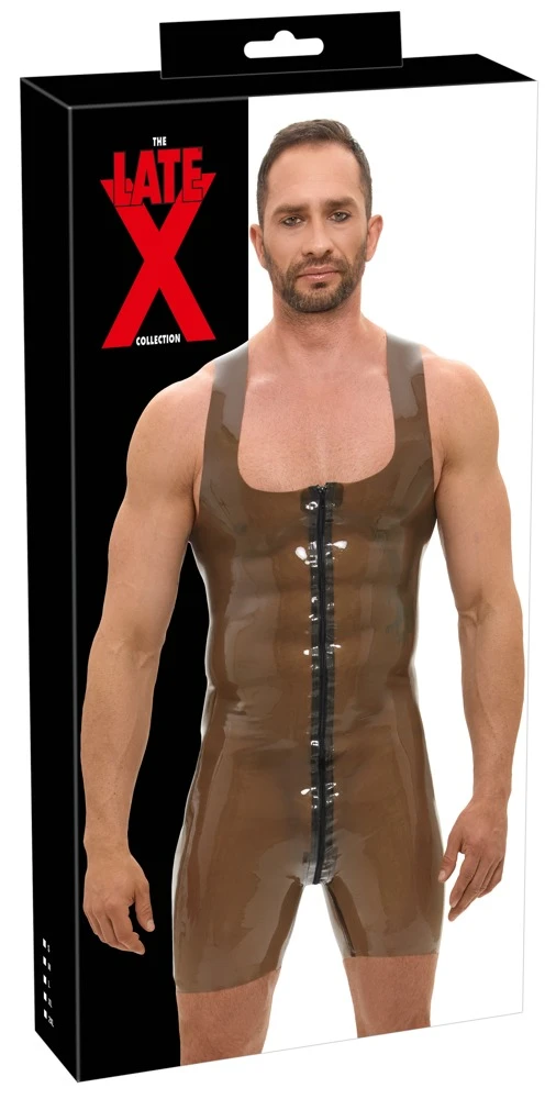 Latex-Trägerbody in Smoke mit kurzem Bein, rauchgrau-transparent & hauteng mit 2-Wege-Zip bis über den Po – kinky Statement-Look von LateX
