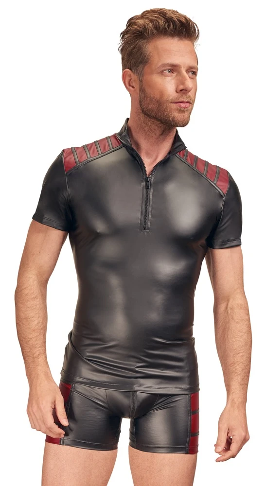 Schwarzes Shirt von NEK im trendigen Mattlook mit roten Streifen-Einsätzen auf der Schulterpartie.