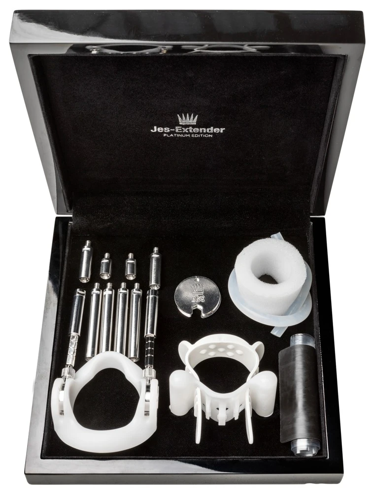 Jes-Extender Platinum, Penis Expander Set Platinum mit 950er-Platinbeschichtung – sanfte schmerzfreie Verlängerung bis 24 cm, diskret tragbar, hochwertige Lackbox, effektive dauerhafte Dehnung für mehr Länge und Umfang