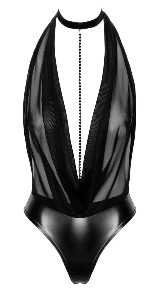 Noir Handmade Body aus Powerwetlook schimmerndem Powernet Oberteil, Perlenkette abnehmbar, Sexy Rückfrei
