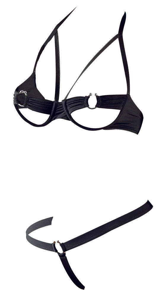 Cottelli LINGERIE Dessous Set Neckholder BH offen und String Bondage mit Metallringe