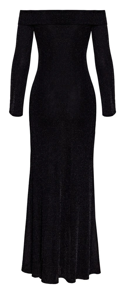 Noir knöchellanges Kleid in schwarzer Glitzer-Transparenz mit Carmen-Ausschnitt langen Trompeten-Ärmeln und hohem seitlichem Schlitz