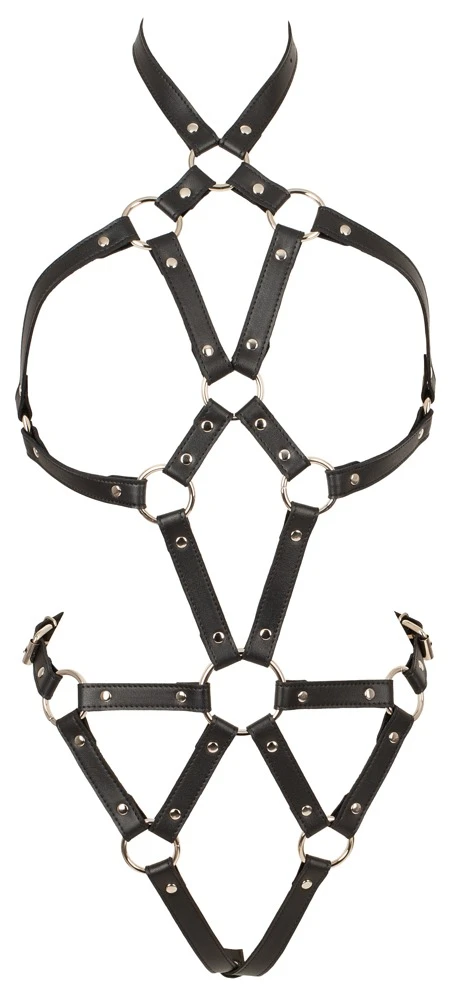 Bad Kitty Metall Harness, Busenfreier Riemenbody in edler Lederoptik mit Neckholder, offenem Schritt und Riemendesign sexy Dessous Bad Kitty