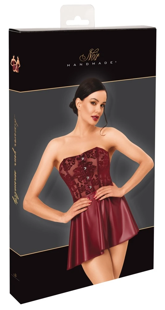 Noir Sexy trägerloses Corsagen-Minikleid in Burgunderrot mit Samtflockprint, Powerwetlook-Rock und raffinierter Zweiteiler-Optik