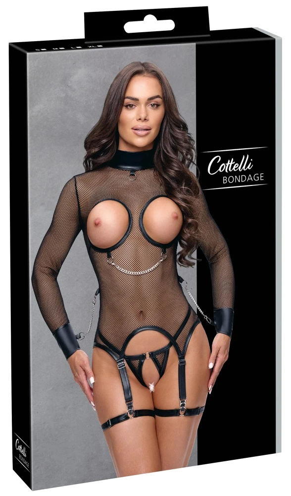 Ouvert-Netz-Set mit busenfreiem Strapshemd & String, sexy Mattlook-Details, Fessel-Ringe & Ketten – Cottelli BONDAGE