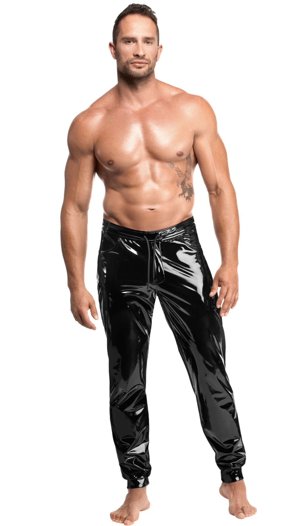 Schwarze Kinky Lack Hose Voltage H093 Herren – schmal geschnittene dehnbare Lackhose mit Front-Reißverschluss und Kordelzug von Noir Handmade Men